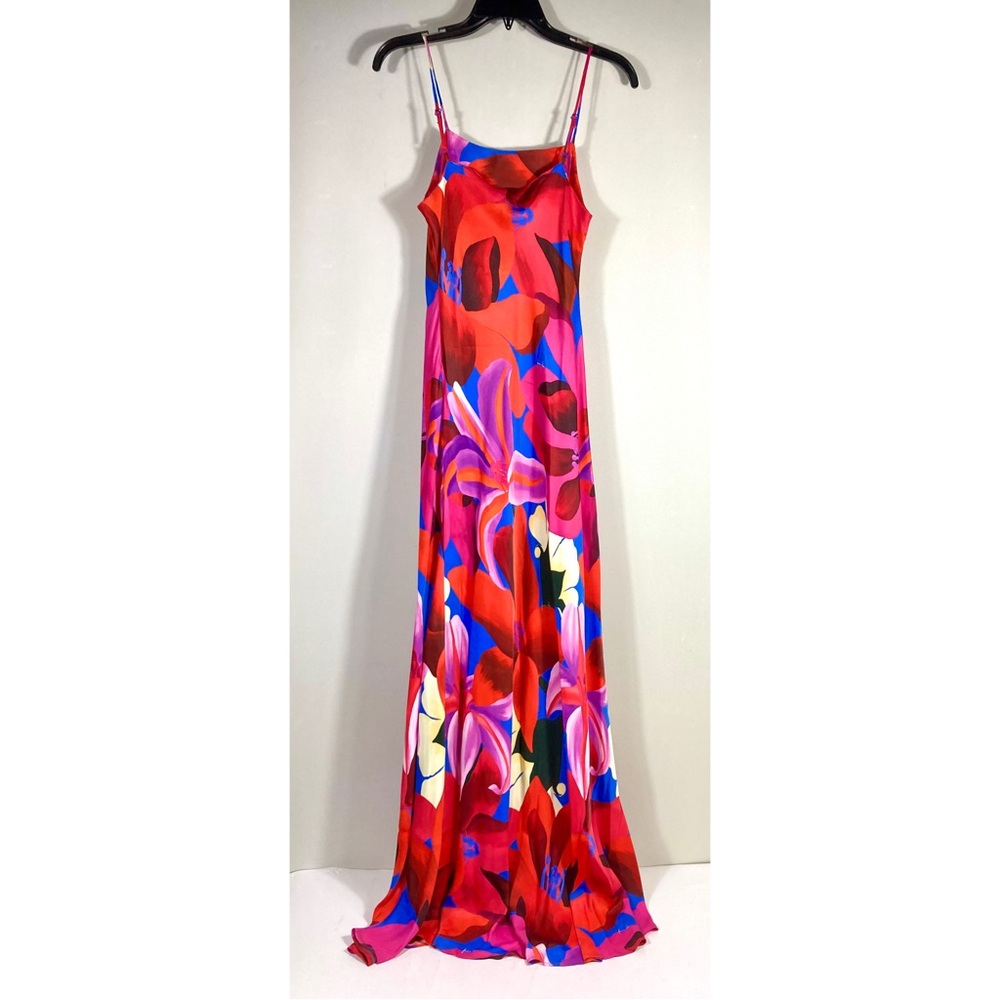 *SOLD* Farm Rio Watercolor Floral Slip Satin Maxi Dress Floral Blue Small NEW - Picture 5 of 15